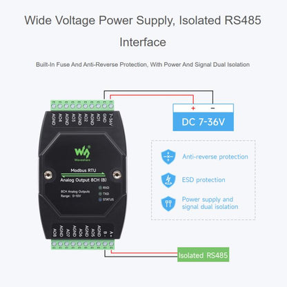 Waveshare Industrial 8-Ch Analog Output Module 12-Bit DA Conversion, Modbus RTU Analog Output 8CH (B), Modbus RTU Analog Output 8CH