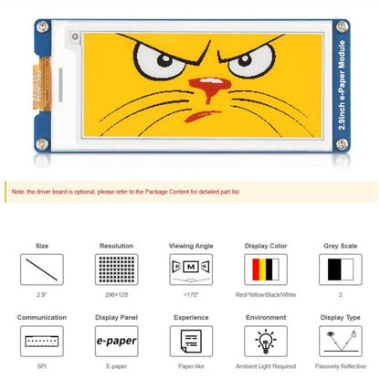 WAVESHARE 2.9inch E-Paper Display  E-Ink Display, 296x128, Red/Yellow/Black/White, SPI Interface, Raw Display, With Driver Board