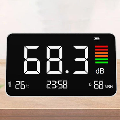 Digital 4-in-1 Noise Meter with Temperature & Humidity Sensor, Time Display Rechargeable Battery, Adjustable Backlight, DM219N