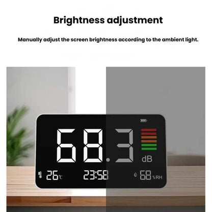 Digital 4-in-1 Noise Meter with Temperature & Humidity Sensor, Time Display Rechargeable Battery, Adjustable Backlight, DM219N