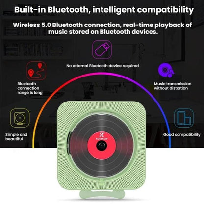 KUSTRON Home Wall-Mounted Rechargeable CD Player Bluetooth Speaker Music Player With Cover, US Plug, EU Plug, UK Plug, AU Plug
