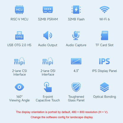 Waveshare ESP32-P4-WIFI6 4.3inch Development Board, 480 × 800 Resolution, 5-Point Touch, Onboard Audio Codec Chip, Basic Model, With OV5647 Camera