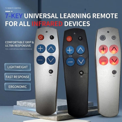 7-Key Universal Learning Remote Control For Seniors Large Buttons Easy To Use IR Remote For TV/STB/DVD/DVB/HiFi, Silver, Black, Backlit Edition