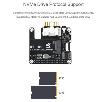 For Raspberry Pi 5 PCIe To M.2 HAT With I2S Audio Extension Supports NVMe Protocol Solid State Drive, Waveshare 34170