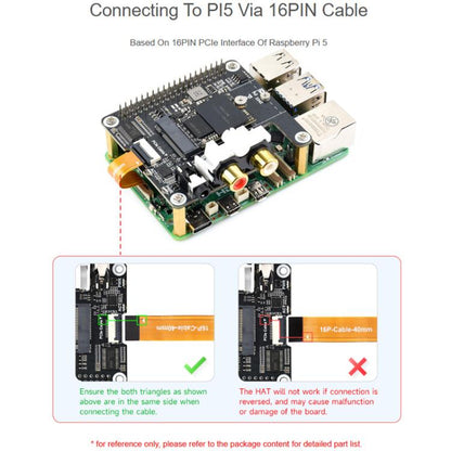 For Raspberry Pi 5 PCIe To M.2 HAT With I2S Audio Extension Supports NVMe Protocol Solid State Drive, Waveshare 34170