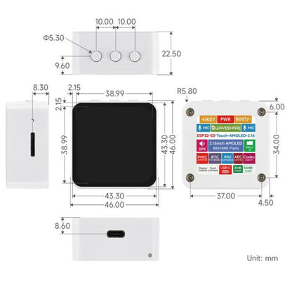 Waveshare 33970 ESP32-S3 2.16 Inch AMOLED Display Development Board, Supports Dual Microphones, 2.4GHz Wi-Fi And BLE 5, 33970