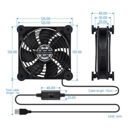 Waveshare 34398 USB 5V 120mm Quiet Cooling Fan, 3-Speed Adjustable, PWM Control, High Airflow, Anti-Vibration Design, Single, Double