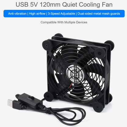 Waveshare 34398 USB 5V 120mm Quiet Cooling Fan, 3-Speed Adjustable, PWM Control, High Airflow, Anti-Vibration Design, Single, Double
