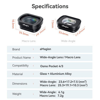 For DJI Osmo Pocket 4/3 Magnetic Optical Glass Lens Filter with Aluminum Alloy Frame, aMagisn Macro Lens 10X, aMagisn Wide Angle Lens 0.72X
