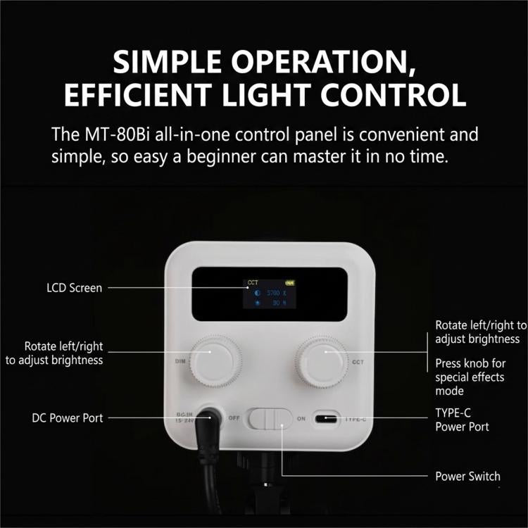 DENGWEI MT-80Bi 80W COB Video Light 2700K-6500K Bi-Color LED Continuous Output Lighting CRI 96+ Studio Light, EU Plug, US Plug, UK Plug
