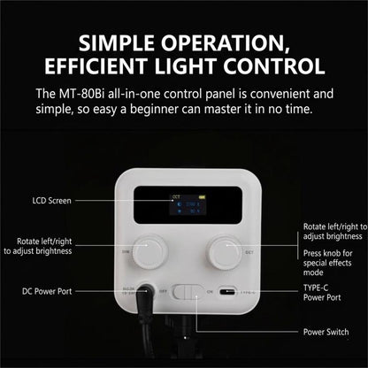 DENGWEI MT-80Bi 80W COB Video Light 2700K-6500K Bi-Color LED Continuous Output Lighting CRI 96+ Studio Light, EU Plug, US Plug, UK Plug