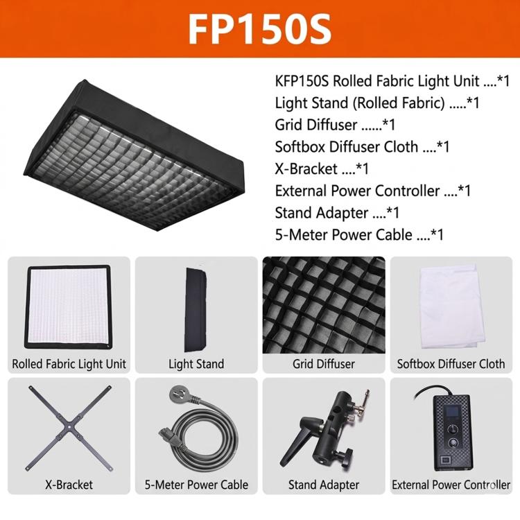 DENGWEI FP150S 150W Rollable LED Video Light With Grid 2700K-6500K Bi-Color Flexible LED Light Panel, EU Plug, US Plug, UK Plug