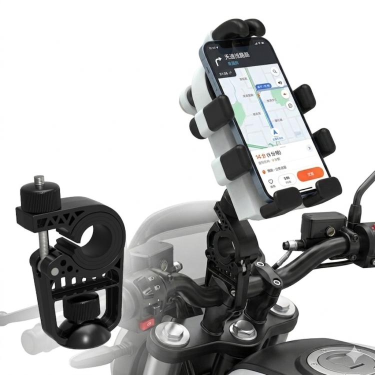 Electric Motorcycle Eight-Armed Fixation Shockproof Phone Mount, All Black Handlebars, Black Orange Handlebars, Orange White Handlebars, Black White Handlebars, All Black Mirror Mounts, Black Orange Mirror Mounts, Orange White Mirror Mounts