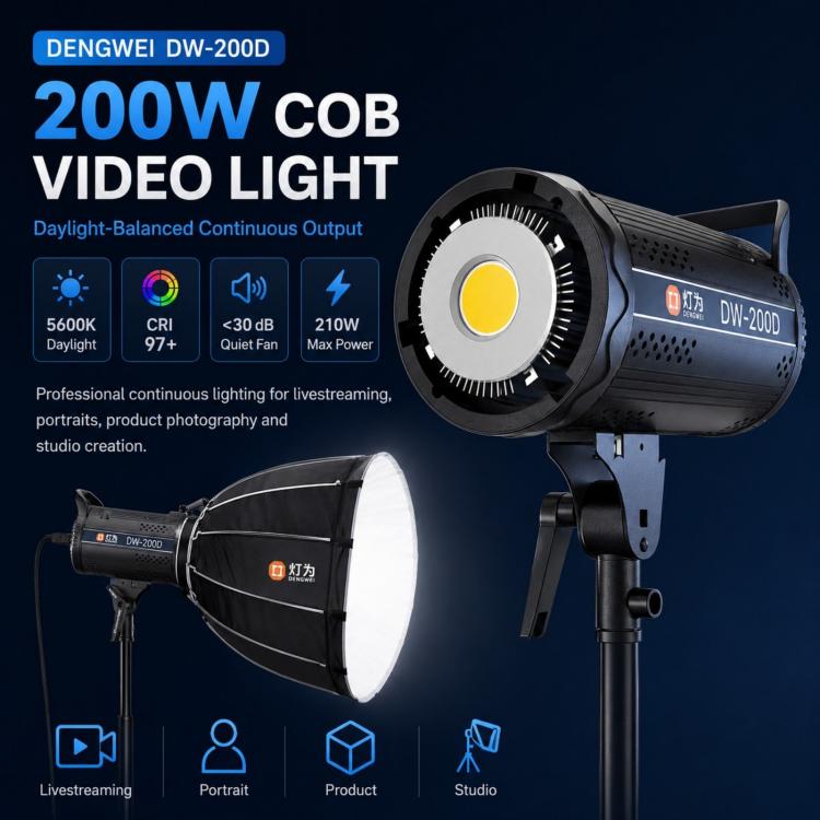 DENGWEI DW200D 200W COB LED Video Light Daylight Balanced Continuous Output Studio Lamp, EU Plug, US Plug, UK Plug