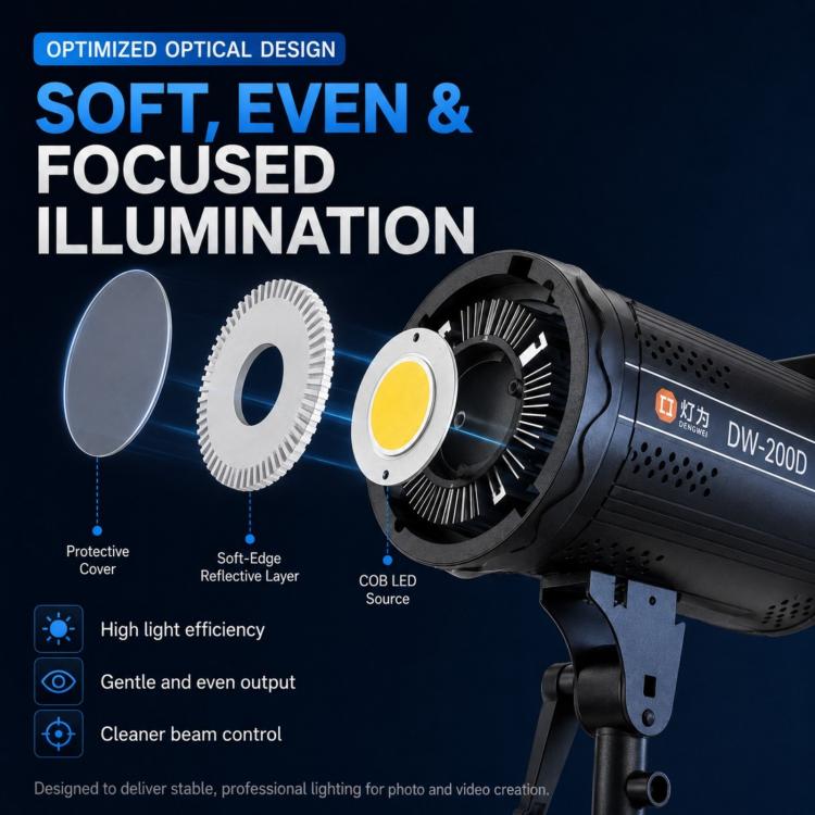 DENGWEI DW200D 200W COB LED Video Light Daylight Balanced Continuous Output Studio Lamp, EU Plug, US Plug, UK Plug