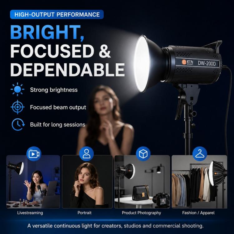 DENGWEI DW200D 200W COB LED Video Light Daylight Balanced Continuous Output Studio Lamp, EU Plug, US Plug, UK Plug