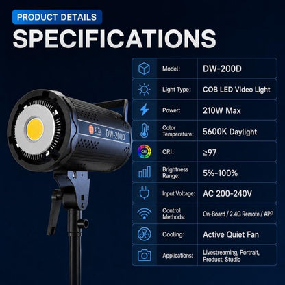 DENGWEI DW200D 200W COB LED Video Light Daylight Balanced Continuous Output Studio Lamp, EU Plug, US Plug, UK Plug