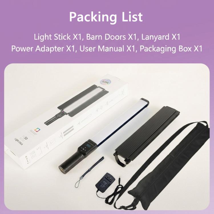 DENGWEI 30W Handheld RGB Light Wand Rechargeable LED Video Light Stick 2700K-8500K Full Color Photography Fill Light With Detachable Barn Doors, US Plug