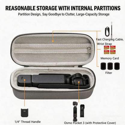 For DJI Osmo Pocket 3 Standalone & Essential Accessories Hard Carrying Case PU Leather Storage Bag with Wrist Strap
