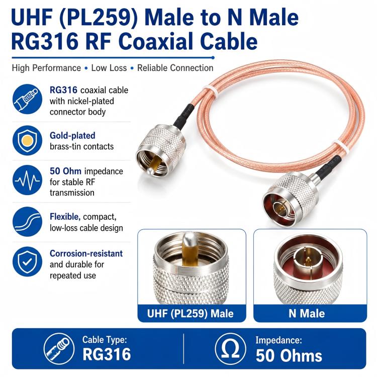 UHF Male To N-Type Male RG316 Extension Cable RF Coaxial Cable, 0.1m, 0.15m, 0.3m, 1m, 2m, 3m, 5m