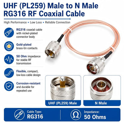 UHF Male To N-Type Male RG316 Extension Cable RF Coaxial Cable, 0.1m, 0.15m, 0.3m, 1m, 2m, 3m, 5m
