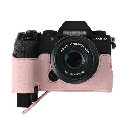 For Fujifilm X-S10 PU Leather Camera Half Case Vintage Litchi Pattern Protective Bottom Base With Magnetic Battery Access