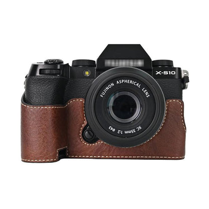 For Fujifilm X-S10 PU Leather Camera Half Case Vintage Litchi Pattern Protective Bottom Base With Magnetic Battery Access
