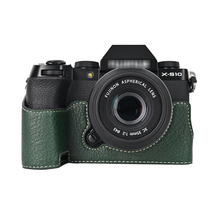 For Fujifilm X-S10 PU Leather Camera Half Case Vintage Litchi Pattern Protective Bottom Base With Magnetic Battery Access
