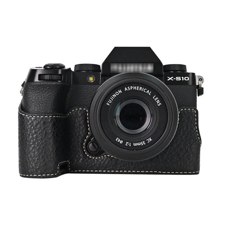 For Fujifilm X-S10 PU Leather Camera Half Case Vintage Litchi Pattern Protective Bottom Base With Magnetic Battery Access