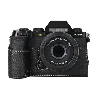 For Fujifilm X-S10 PU Leather Camera Half Case Vintage Litchi Pattern Protective Bottom Base With Magnetic Battery Access