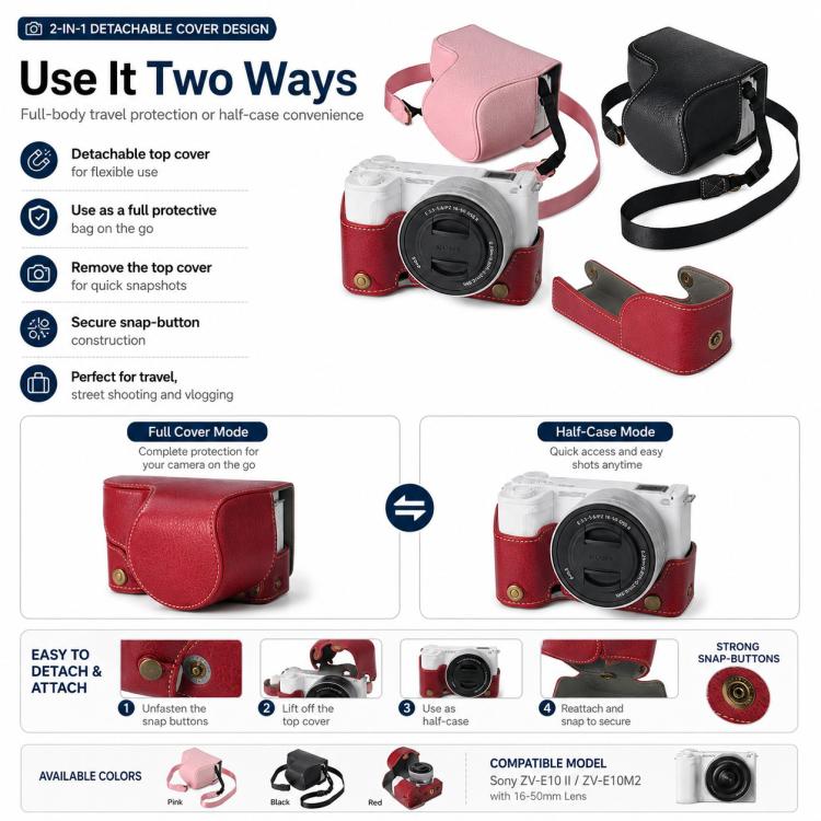 For Sony ZV-E10 II / ZV-E10M2 PU Leather Camera Case Bag Protective Half Body Cover With Shoulder Strap