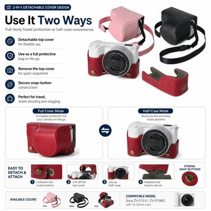 For Sony ZV-E10 II / ZV-E10M2 PU Leather Camera Case Bag Protective Half Body Cover With Shoulder Strap