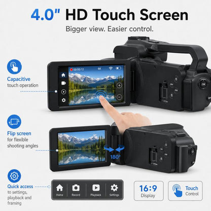64MP 6K 18X Digital Zoom Camcorder Video Camera With 4-Inch Touch Screen, Microphone & LED Light, 32G, 64G, 128G, 256G