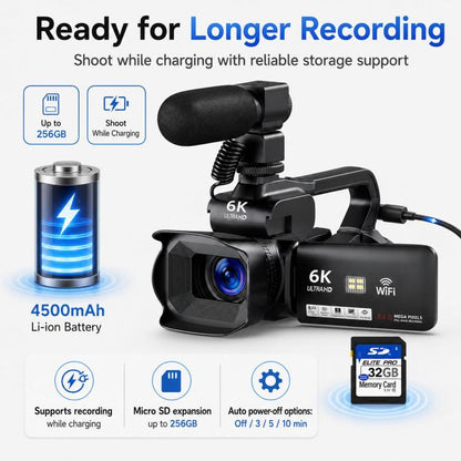 64MP 6K 18X Digital Zoom Camcorder Video Camera With 4-Inch Touch Screen, Microphone & LED Light, 32G, 64G, 128G, 256G