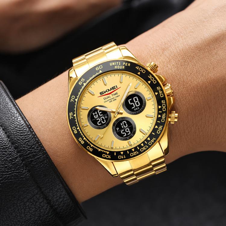 SKMEI 2587 Men Stainless Steel Strap Triple-Dial Chronograph 30M Life Waterproof Digital Watch