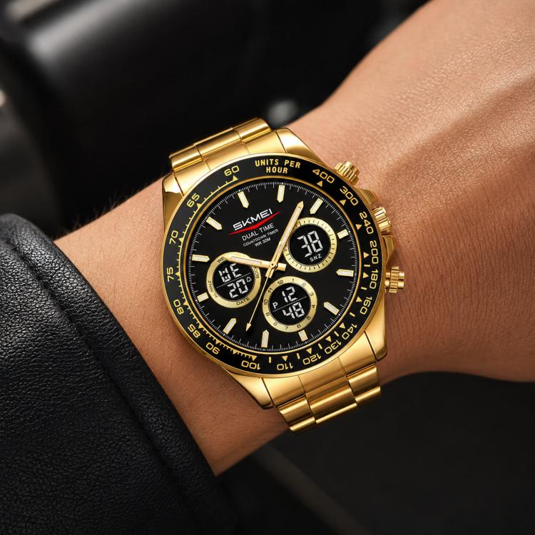 SKMEI 2587 Men Stainless Steel Strap Triple-Dial Chronograph 30M Life Waterproof Digital Watch