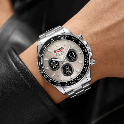 SKMEI 2587 Men Stainless Steel Strap Triple-Dial Chronograph 30M Life Waterproof Digital Watch
