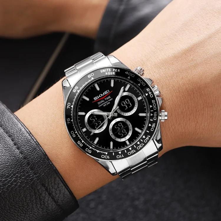 SKMEI 2587 Men Stainless Steel Strap Triple-Dial Chronograph 30M Life Waterproof Digital Watch