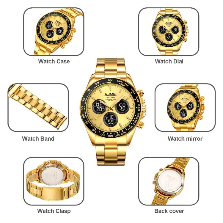 SKMEI 2587 Men Stainless Steel Strap Triple-Dial Chronograph 30M Life Waterproof Digital Watch
