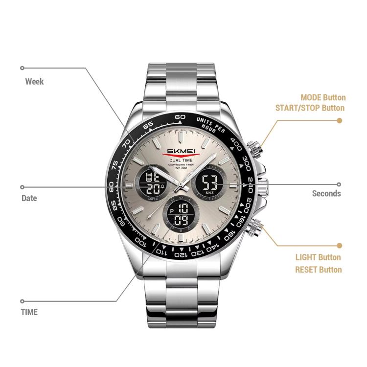 SKMEI 2587 Men Stainless Steel Strap Triple-Dial Chronograph 30M Life Waterproof Digital Watch