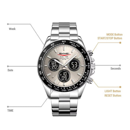 SKMEI 2587 Men Stainless Steel Strap Triple-Dial Chronograph 30M Life Waterproof Digital Watch