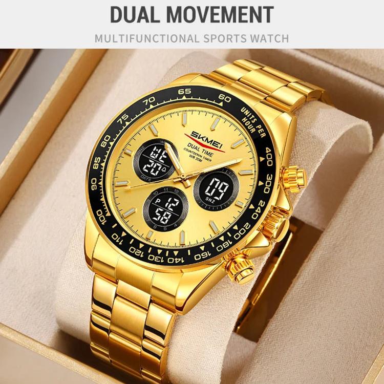SKMEI 2587 Men Stainless Steel Strap Triple-Dial Chronograph 30M Life Waterproof Digital Watch