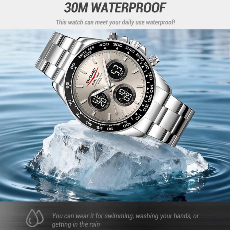 SKMEI 2587 Men Stainless Steel Strap Triple-Dial Chronograph 30M Life Waterproof Digital Watch