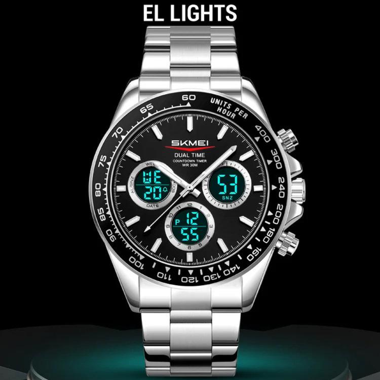 SKMEI 2587 Men Stainless Steel Strap Triple-Dial Chronograph 30M Life Waterproof Digital Watch