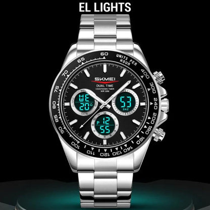 SKMEI 2587 Men Stainless Steel Strap Triple-Dial Chronograph 30M Life Waterproof Digital Watch