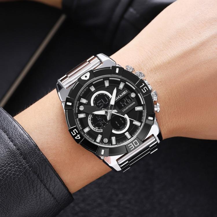SKMEI 2593 Men Dual-Display Sports Watch Stainless Steel Strap Luminous 30M Life Water-Resistant Watch