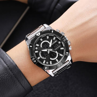 SKMEI 2593 Men Dual-Display Sports Watch Stainless Steel Strap Luminous 30M Life Water-Resistant Watch