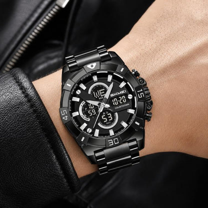 SKMEI 2593 Men Dual-Display Sports Watch Stainless Steel Strap Luminous 30M Life Water-Resistant Watch