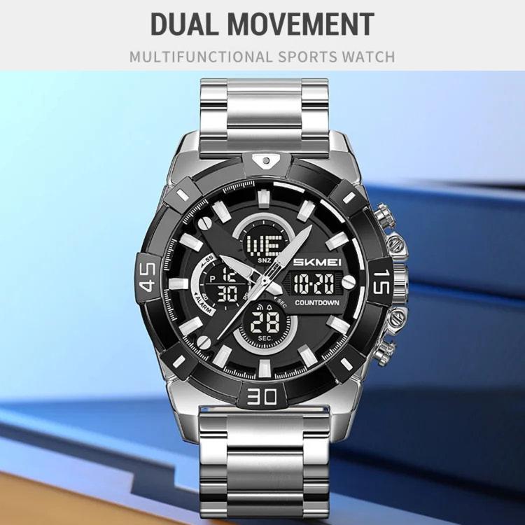 SKMEI 2593 Men Dual-Display Sports Watch Stainless Steel Strap Luminous 30M Life Water-Resistant Watch