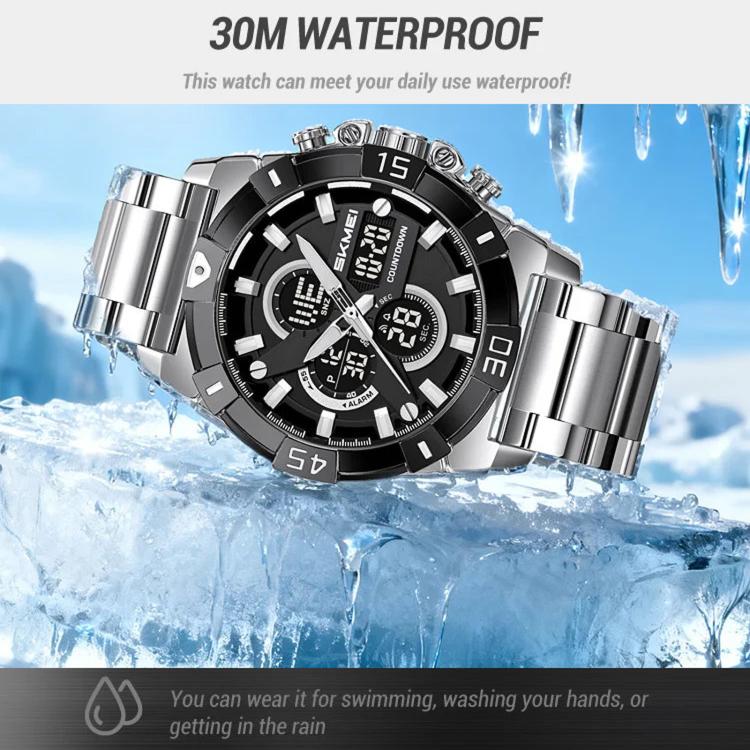 SKMEI 2593 Men Dual-Display Sports Watch Stainless Steel Strap Luminous 30M Life Water-Resistant Watch